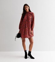 New Look Red Floral Print High Neck Long Sleeve A Line Mini Dress